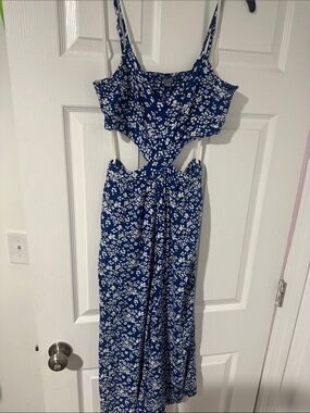 Blue Floral Cutout Jumpsuit with Adjustable Straps